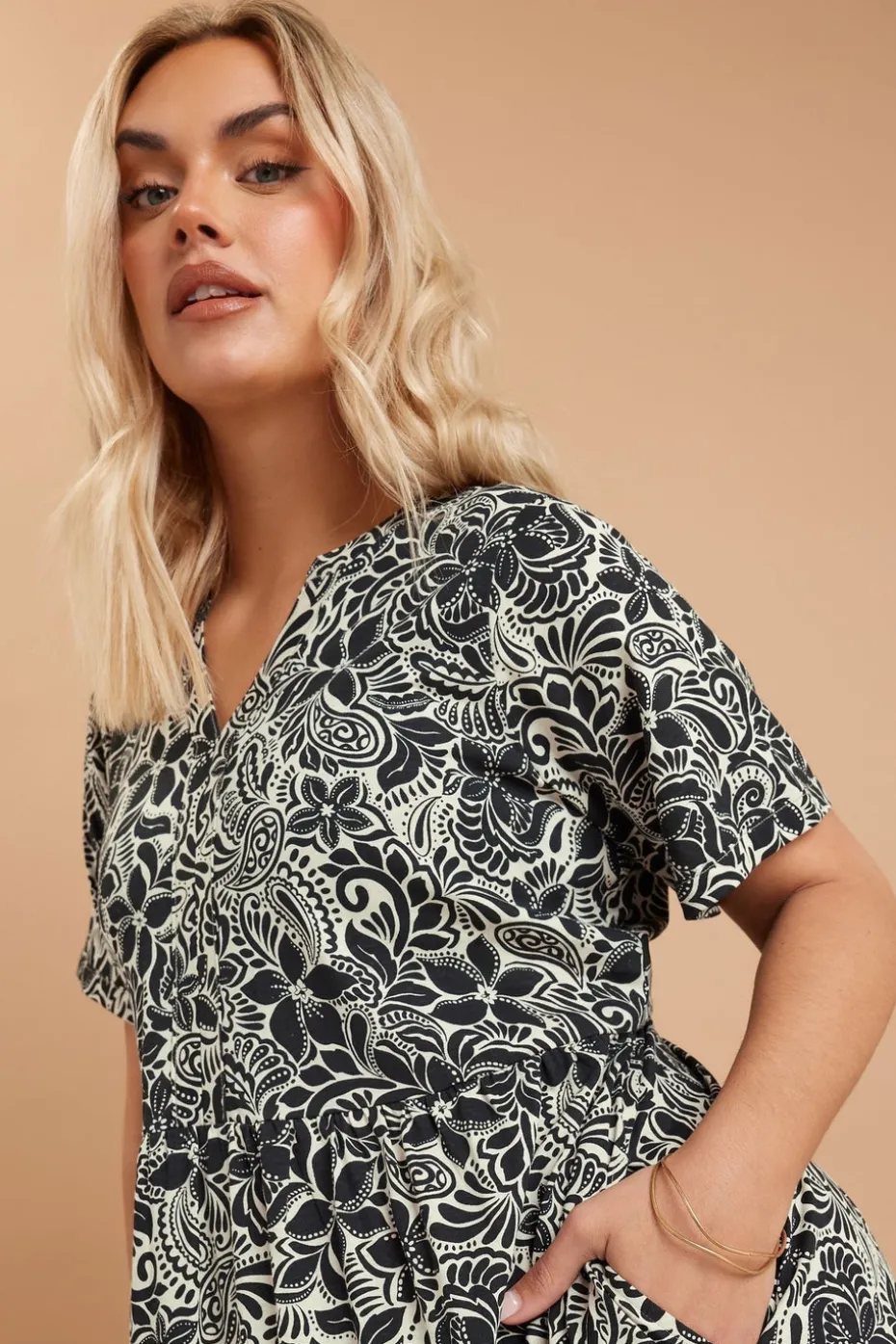 Yours Curve Black Floral Print Tiered Cotton Midaxi Dress