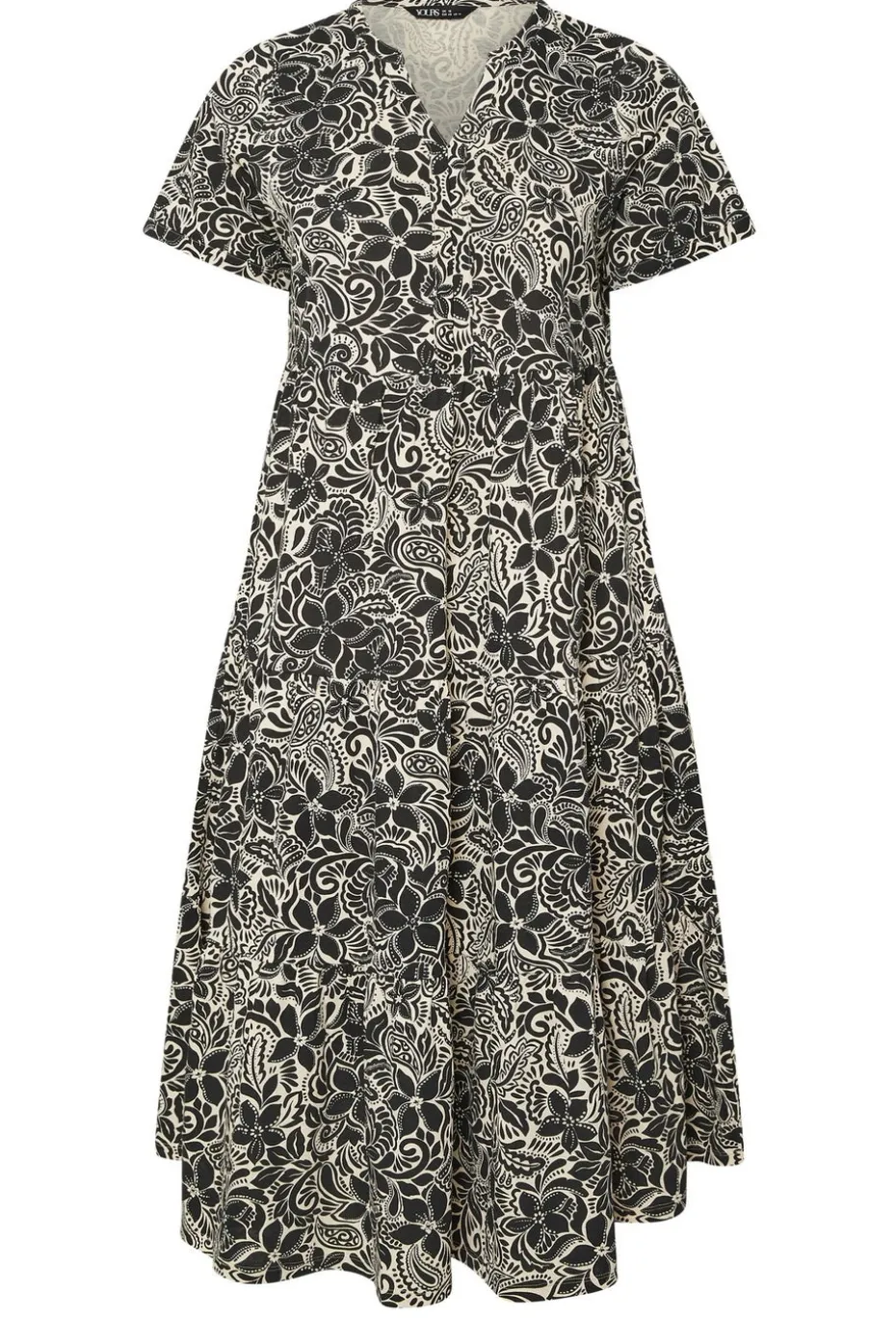 Yours Curve Black Floral Print Tiered Cotton Midaxi Dress