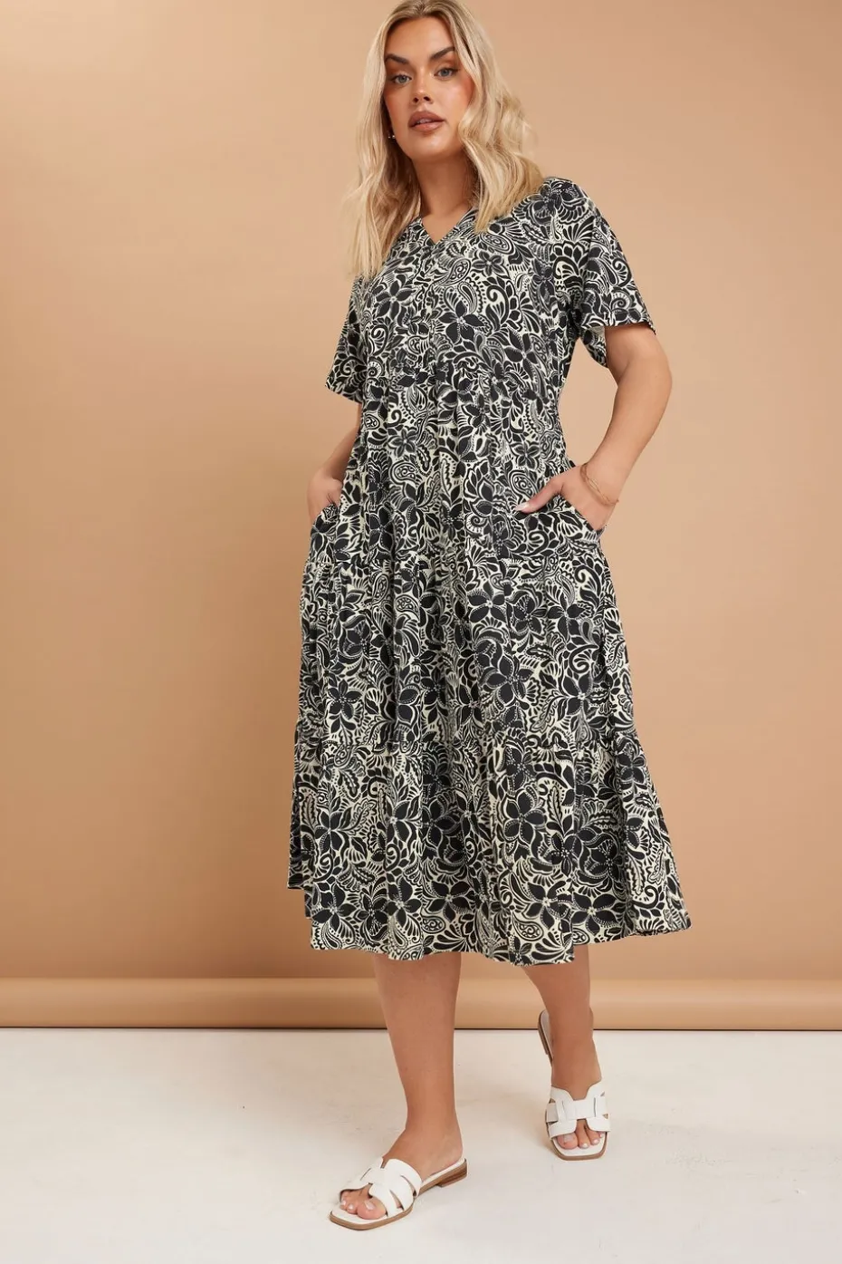 Yours Curve Black Floral Print Tiered Cotton Midaxi Dress