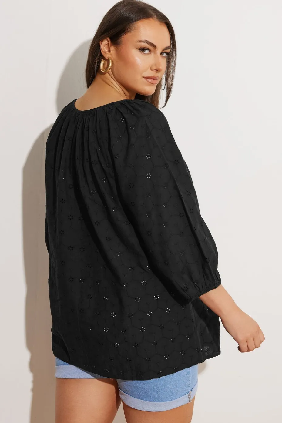 Yours Curve Black Floral Broderie Anglaise Tie Front Top