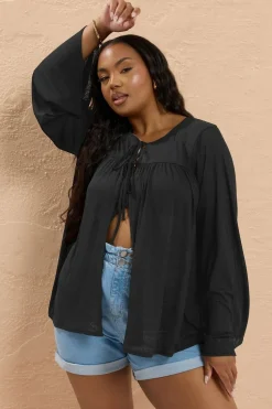 Yours Curve Black Lightweight Tie Front Top