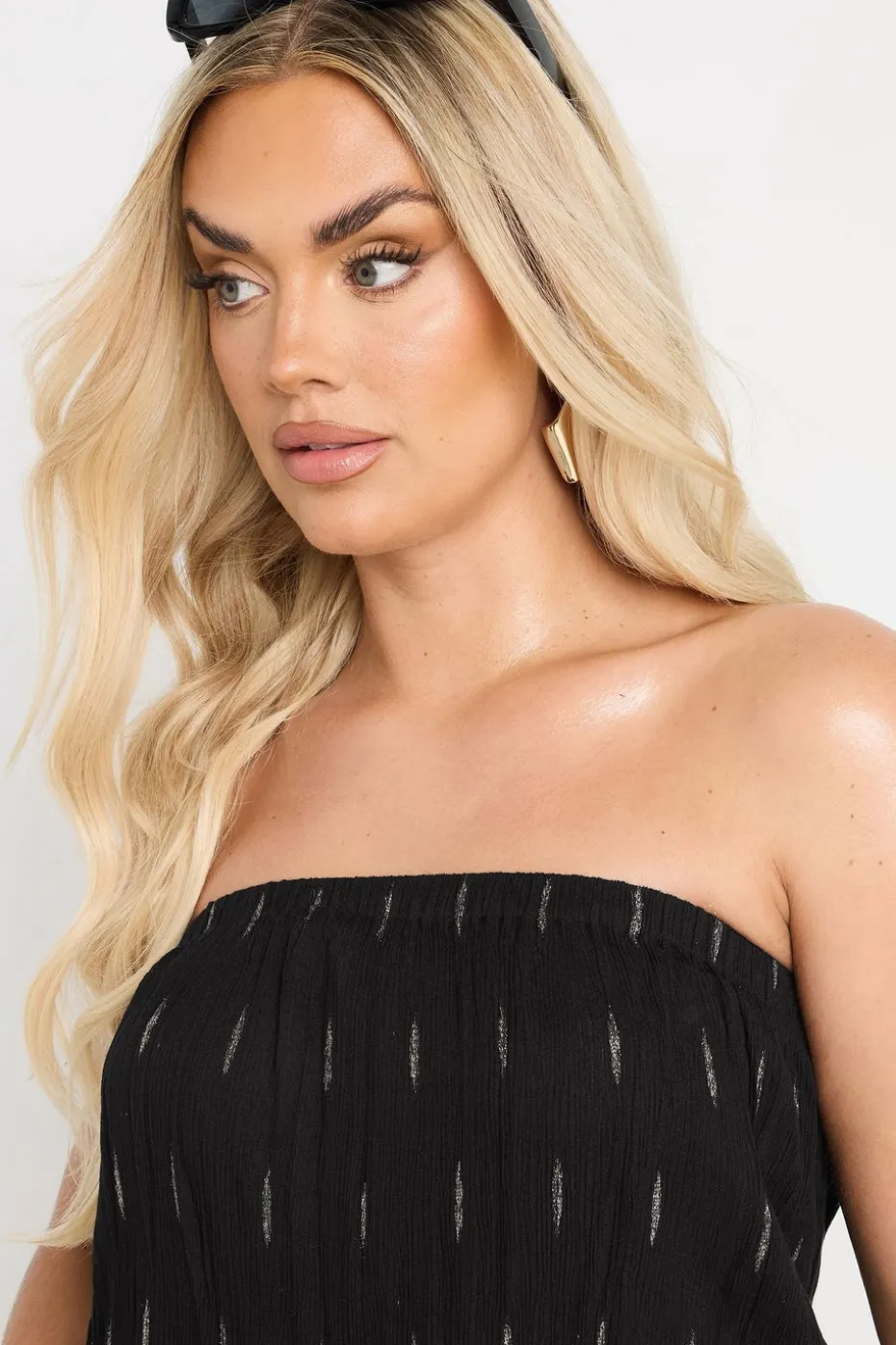 Yours Curve Black Metallic Dobby Bandeau Playsuit