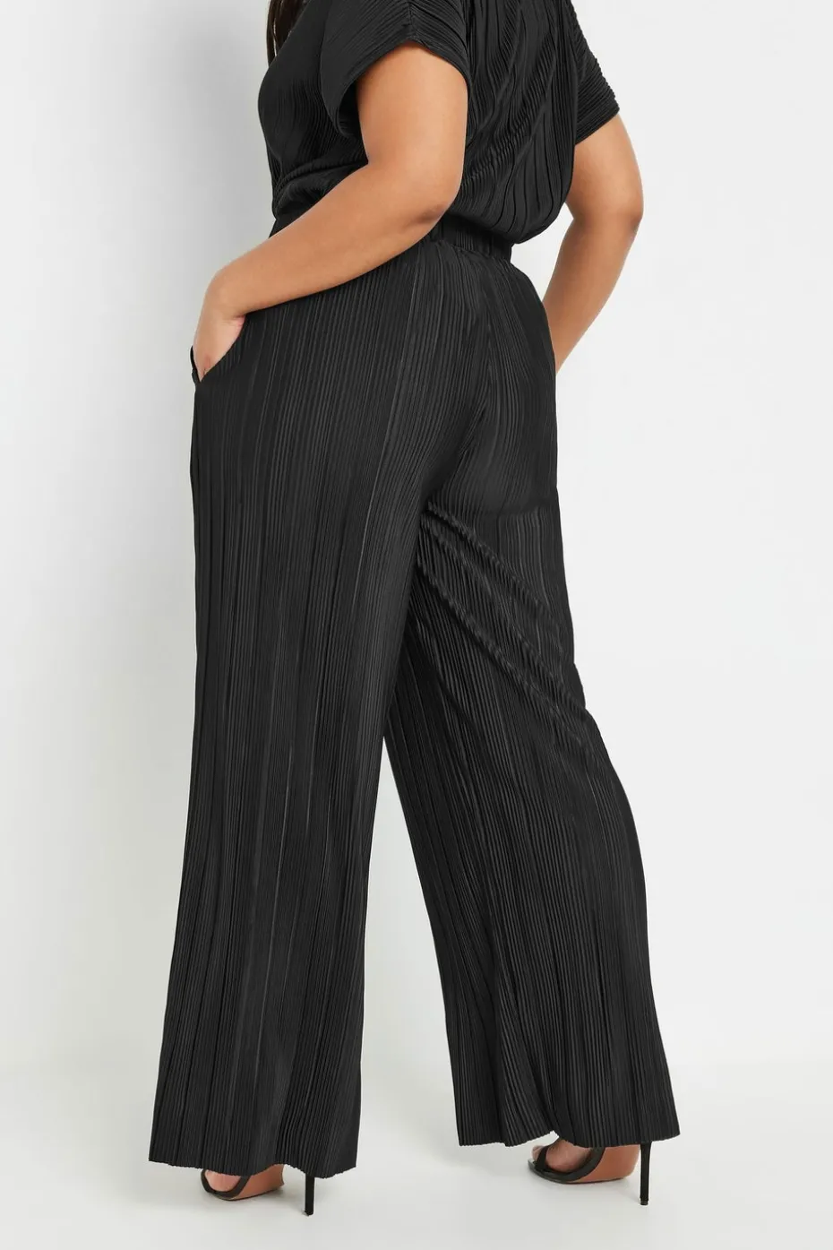 Yours Curve Black Plisse Wide Leg Trousers