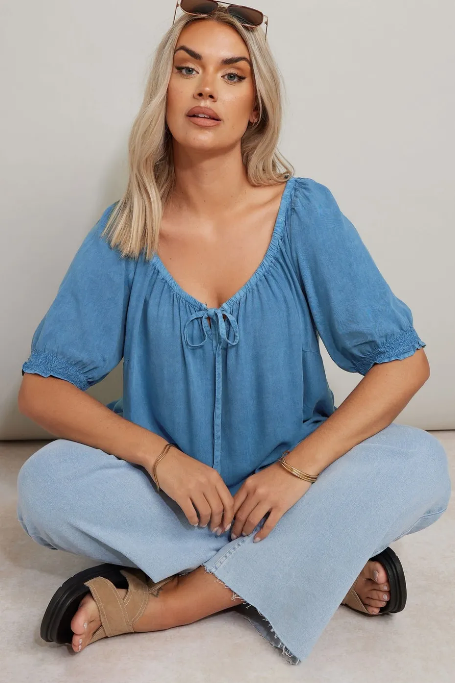 Yours Curve Blue Chambray Tie Neck Top