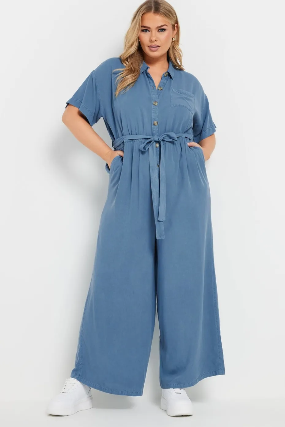 Yours Curve Blue Wide Leg Chambray Jumpsuit