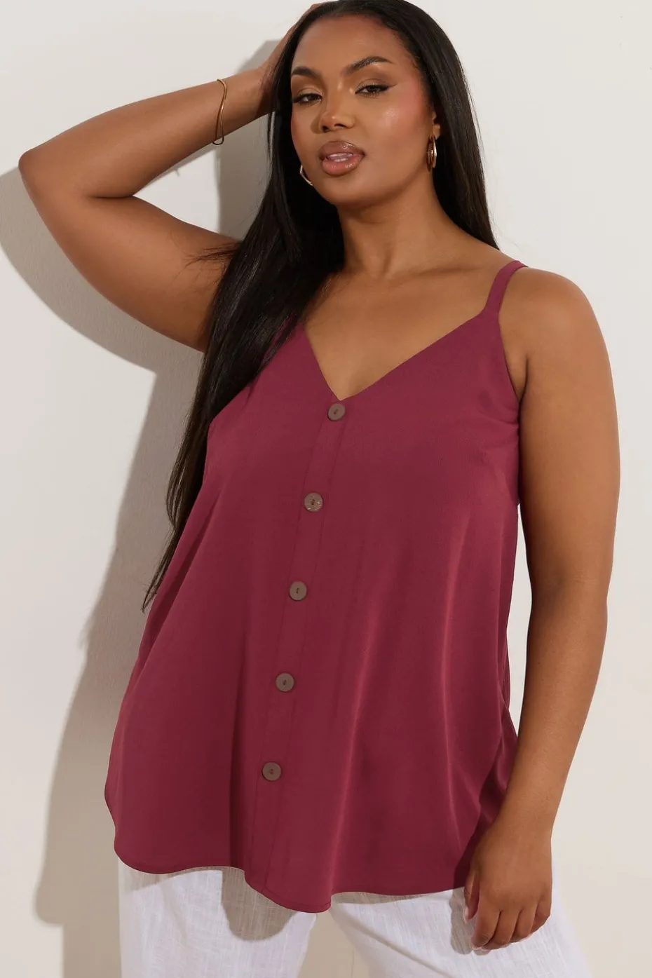 Yours Curve Dark Red Button Front Cami Top