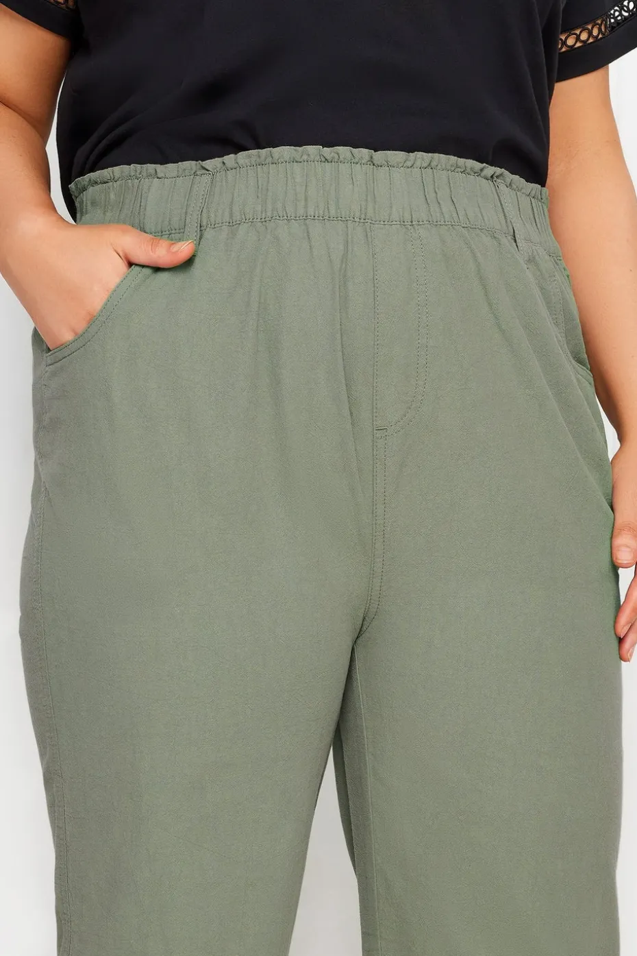 Yours Curve Green Khaki Cool Cotton Cropped Trousers