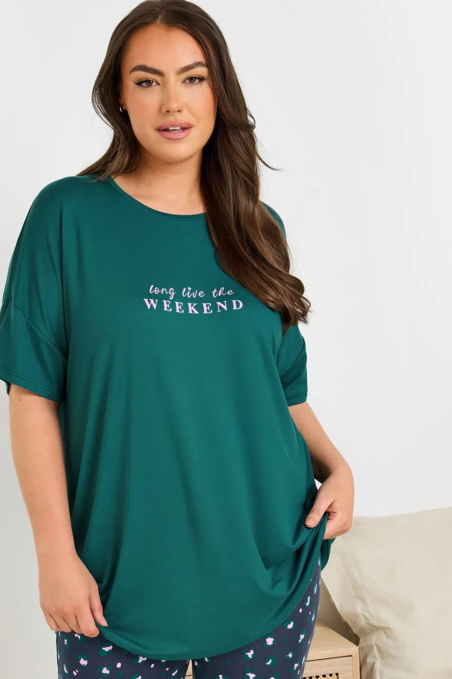 Yours Curve Green Long Live The Weekend Soft Touch Pyjama Top