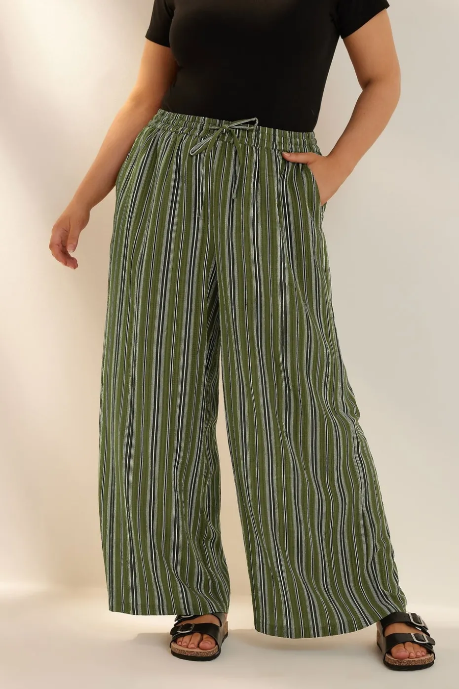 Yours Curve Green Stripe Textured Wide Leg Trousers