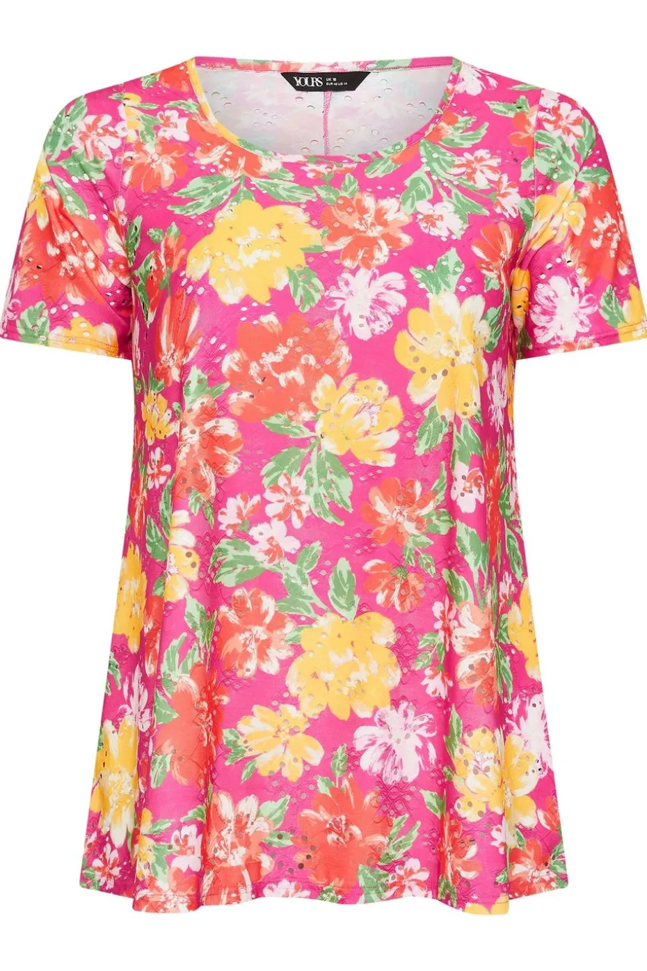 Yours Curve Hot Pink Floral Print Broderie Anglaise T-Shirt