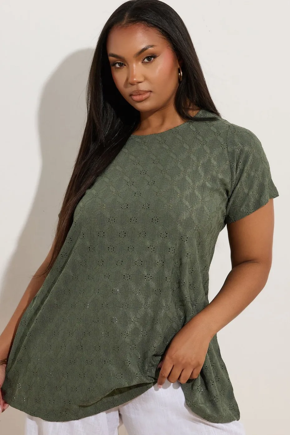 Yours Curve Khaki Green Broderie Anglaise Textured Swing Top