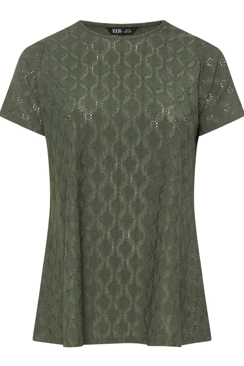 Yours Curve Khaki Green Broderie Anglaise Textured Swing Top