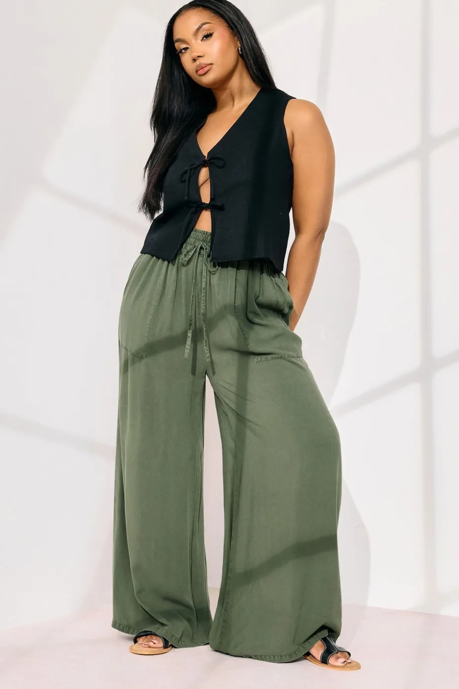 Yours Curve Khaki Green Chambray Tie Front Wide Leg Trousers