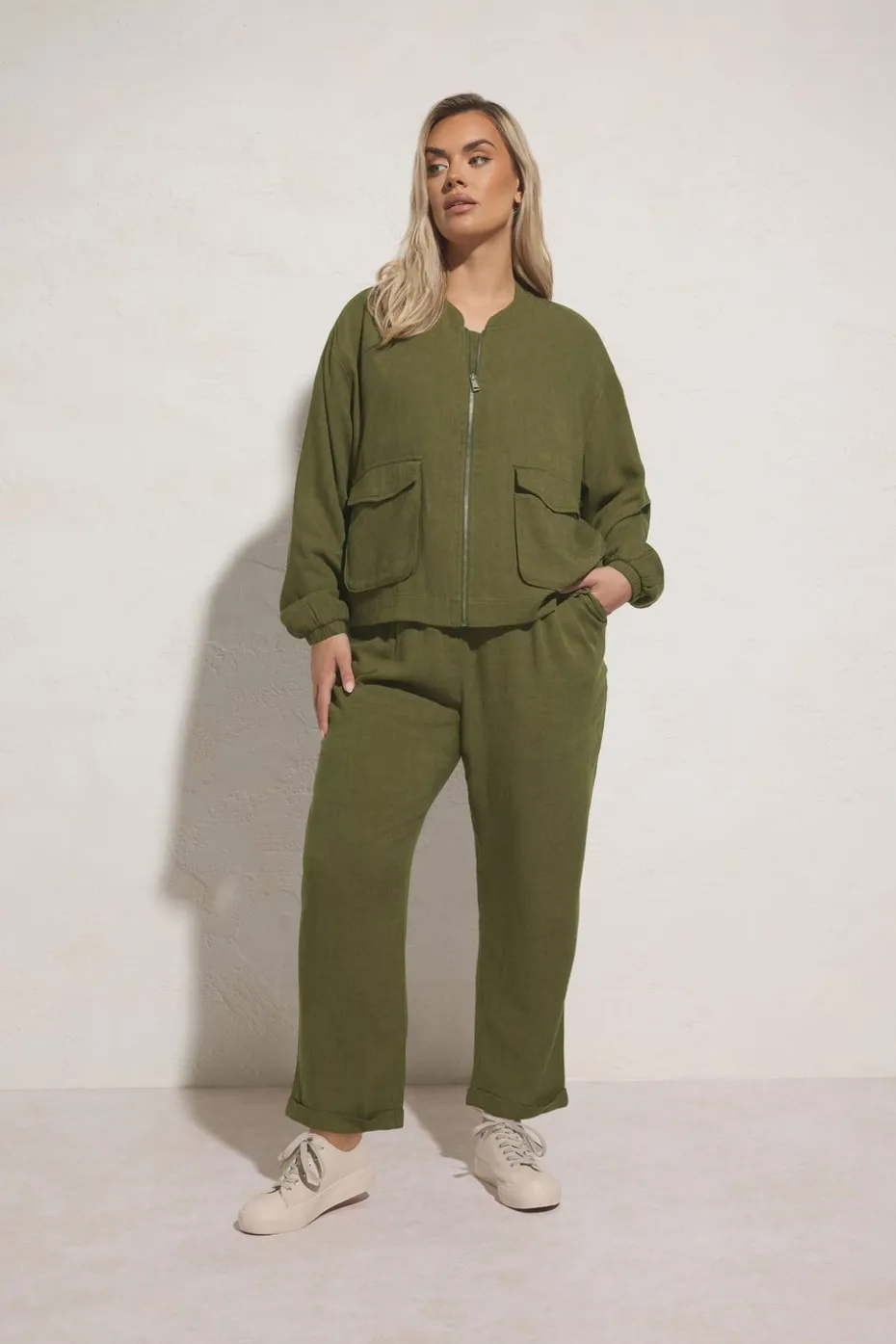 Yours Curve Khaki Green Formal Linen Trousers