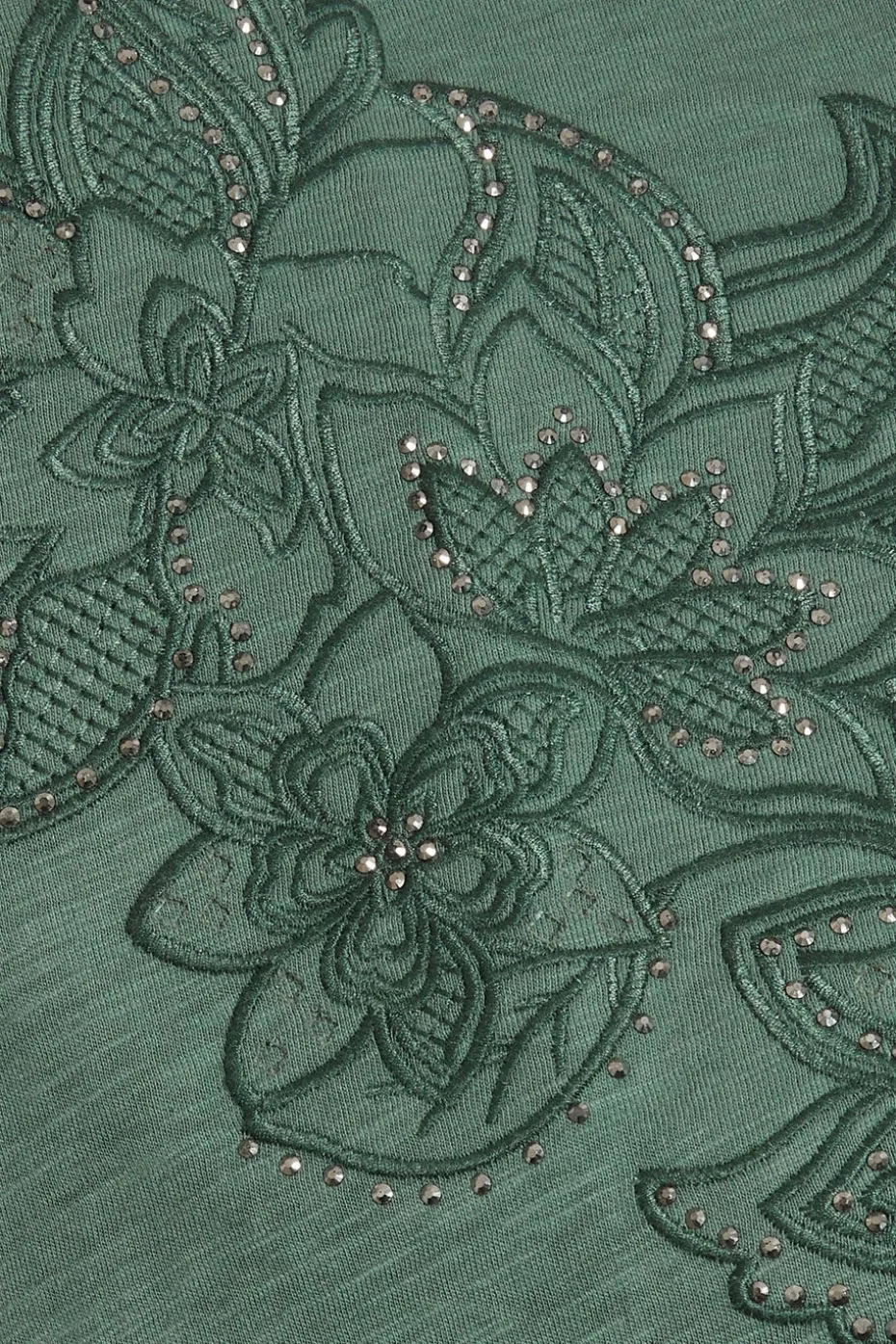Yours Curve Khaki Green Floral Embroidered Stud Detail T-Shirt