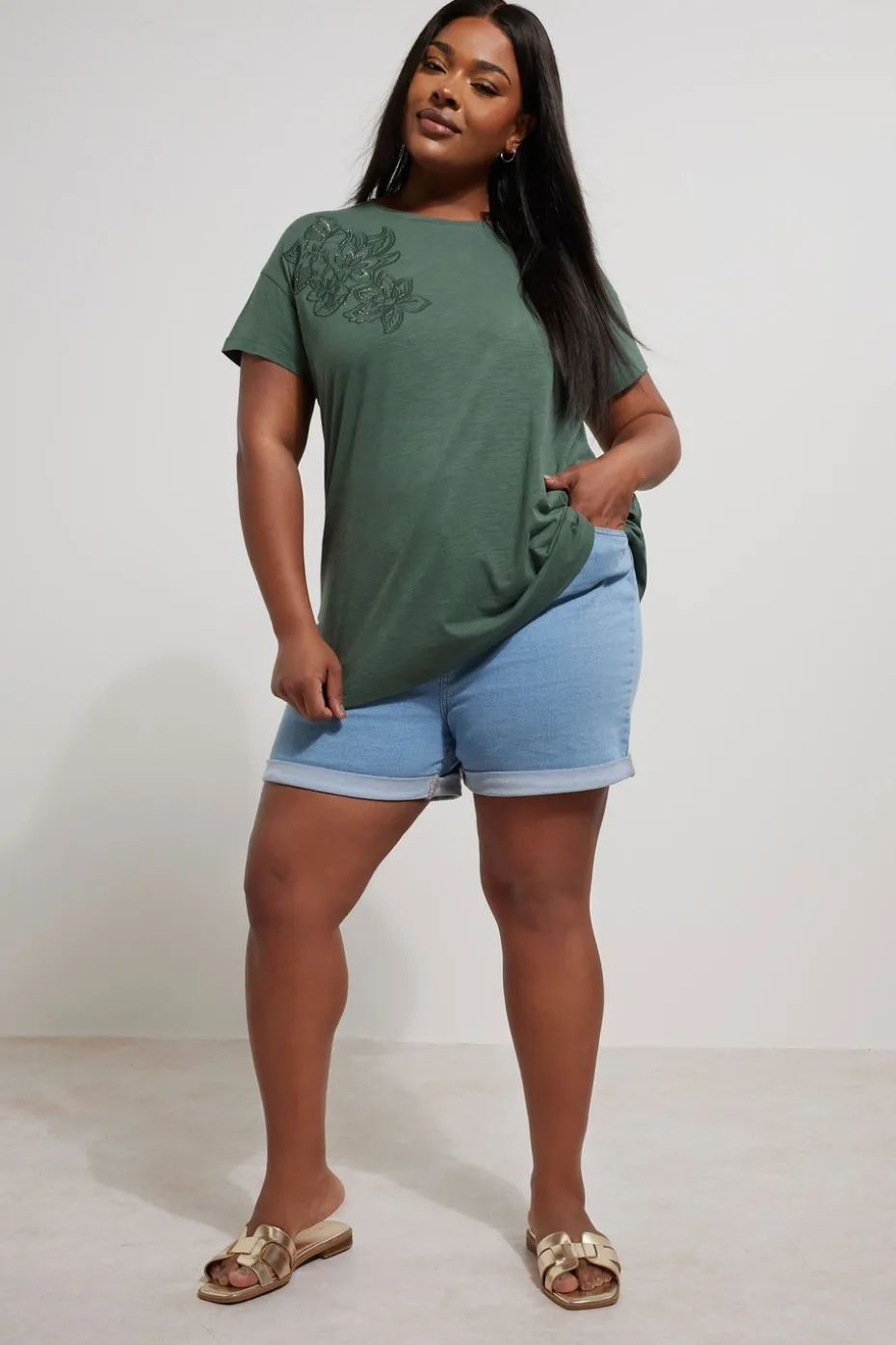 Yours Curve Khaki Green Floral Embroidered Stud Detail T-Shirt