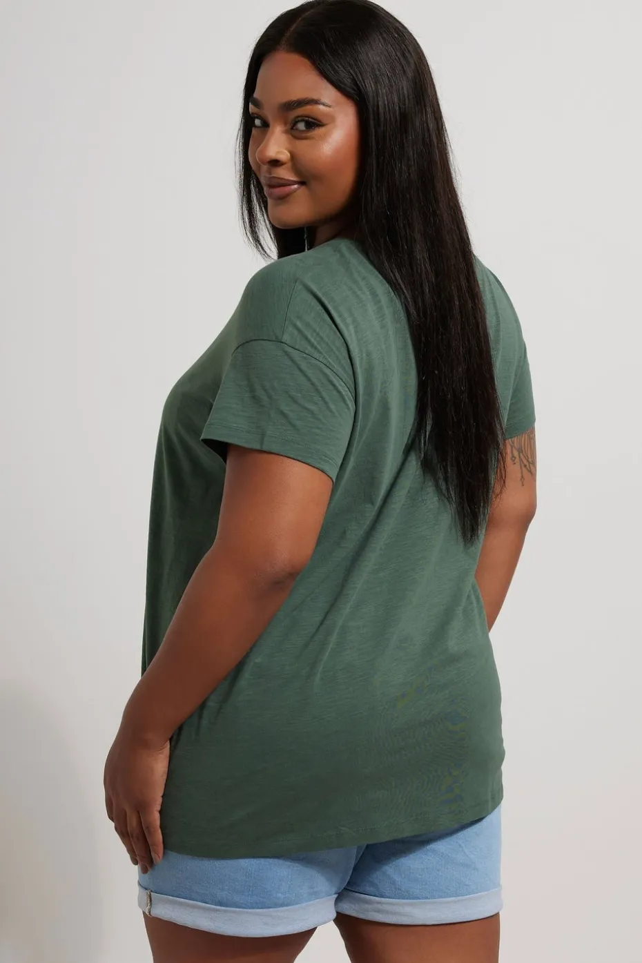 Yours Curve Khaki Green Floral Embroidered Stud Detail T-Shirt