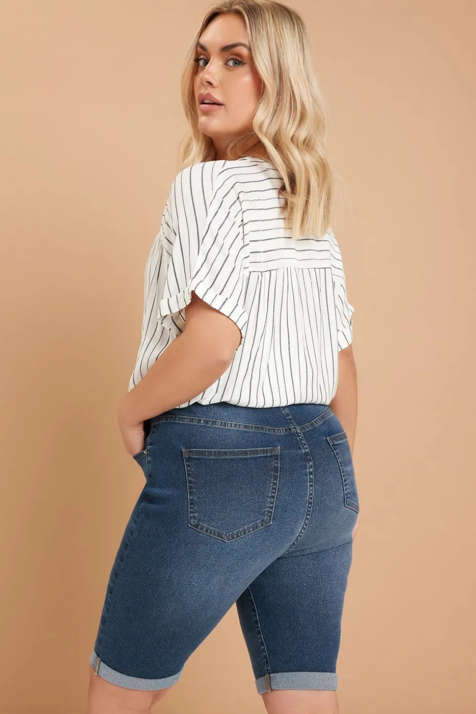 Yours Curve Mid Blue Turn Up Denim Shorts