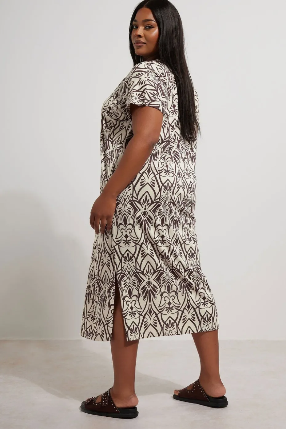 Yours Curve Natural Brown Paisley Print Midi Dress