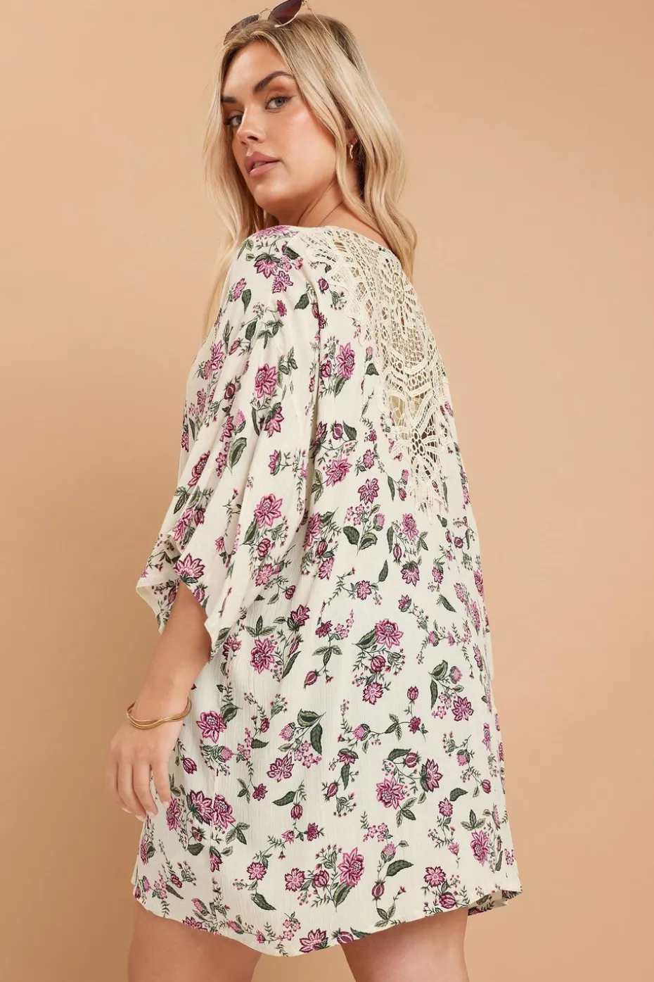 Yours Curve Natural Brown Floral Crochet Detail Kimono