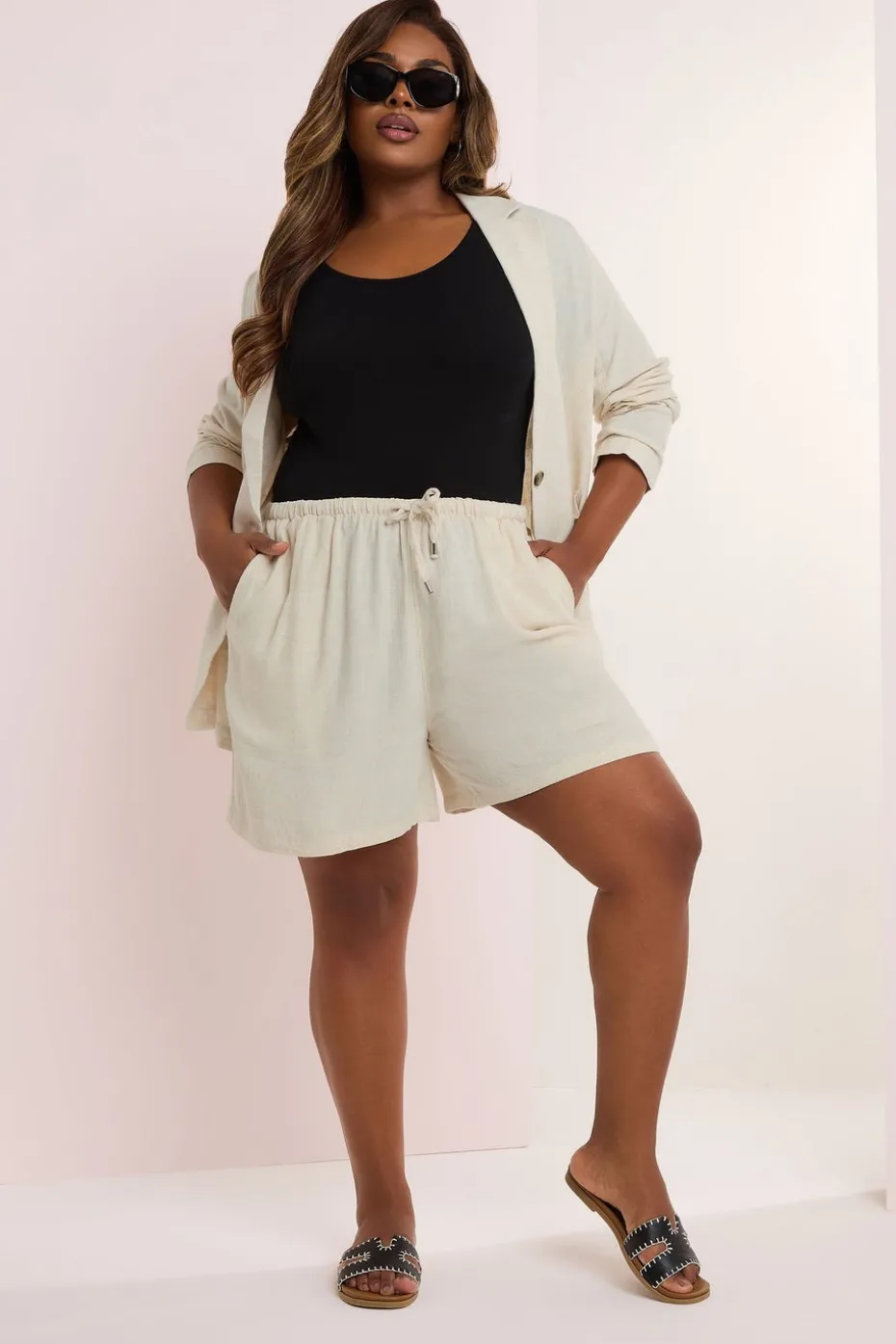 Yours Curve Natural Brown Tie Front Linen Shorts