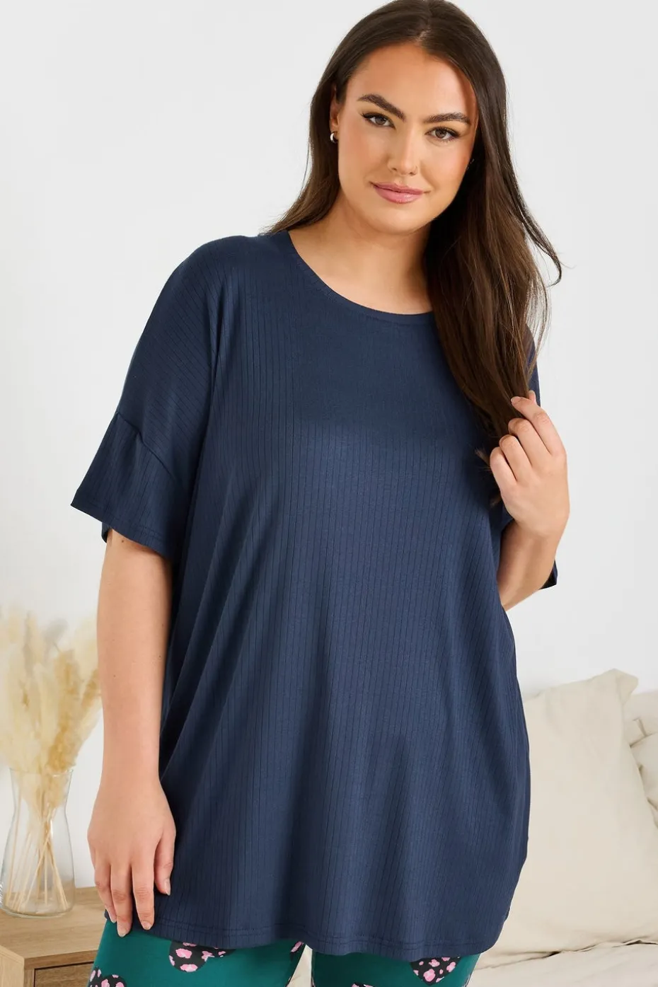 Yours Curve Navy Blue Ribbed Soft Touch Pyjama Top