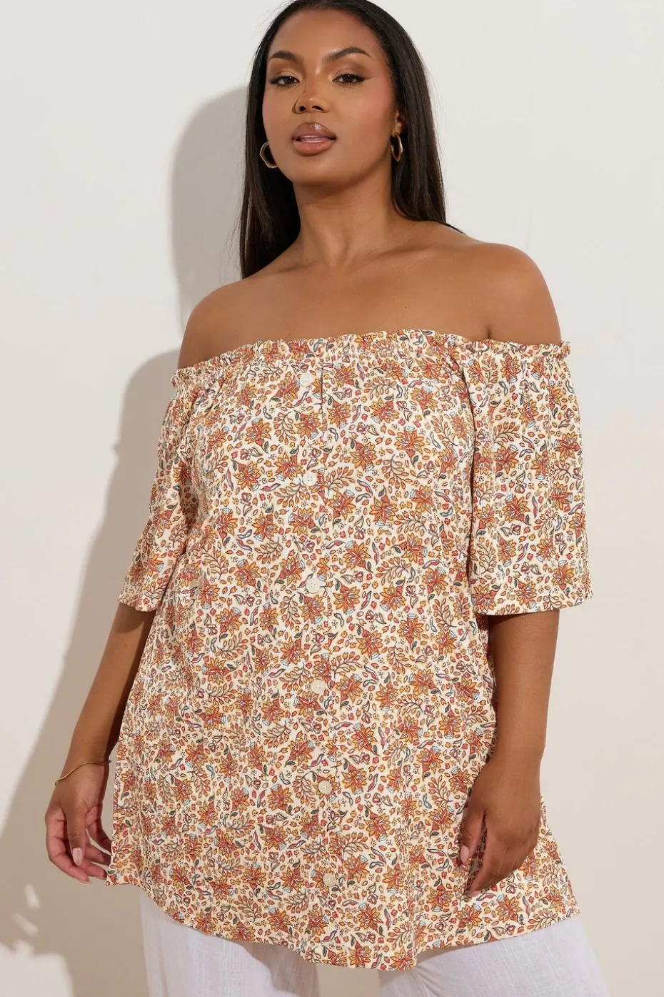 Yours Curve Orange Textured Leaf Print Bardot Top