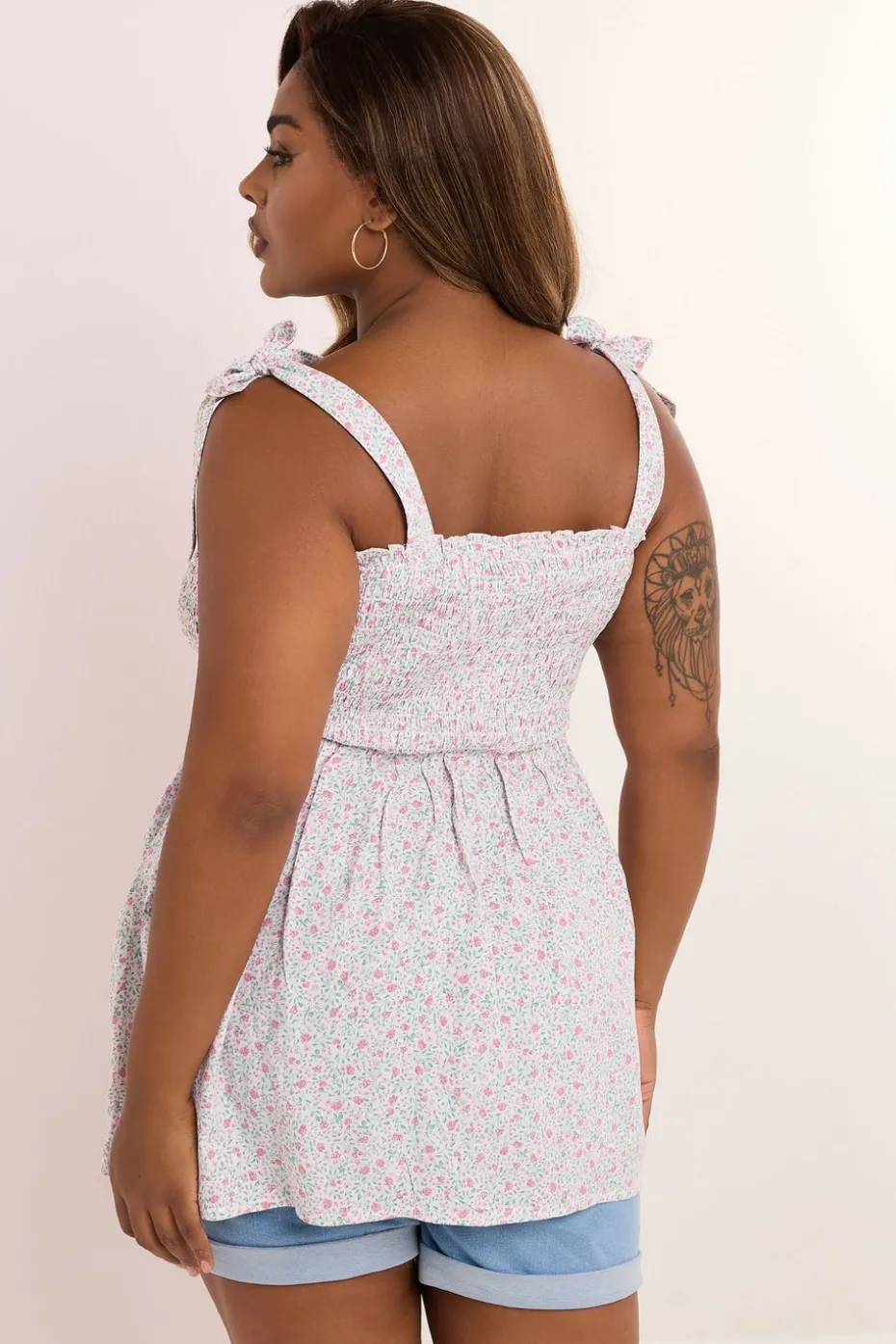 Yours Curve Pink Floral Shirred Tie Sleeve Cami Top
