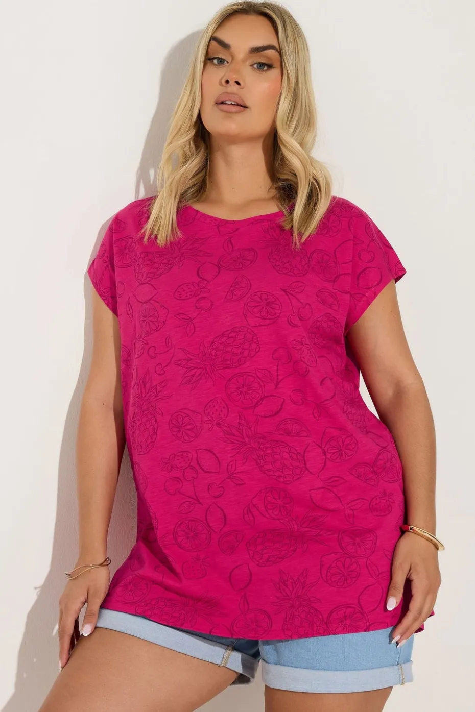Yours Curve Pink Tropical Fruit Print T-Shirt