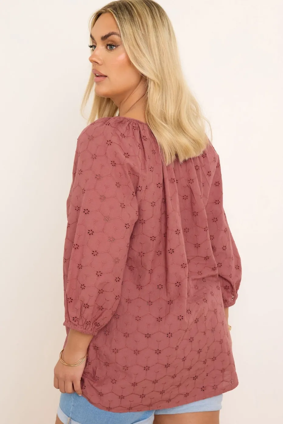 Yours Curve Rust Orange Floral Broderie Anglaise Tie Front Top