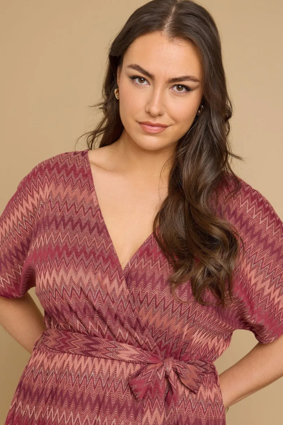 Yours Curve Rust Orange Zig Zag Metallic Wrap Dress