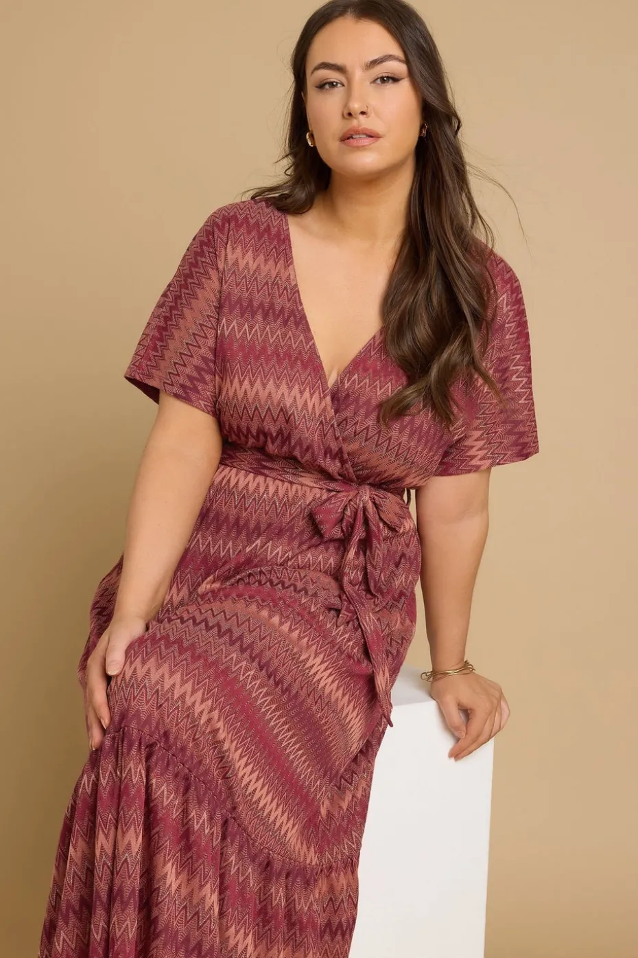 Yours Curve Rust Orange Zig Zag Metallic Wrap Dress