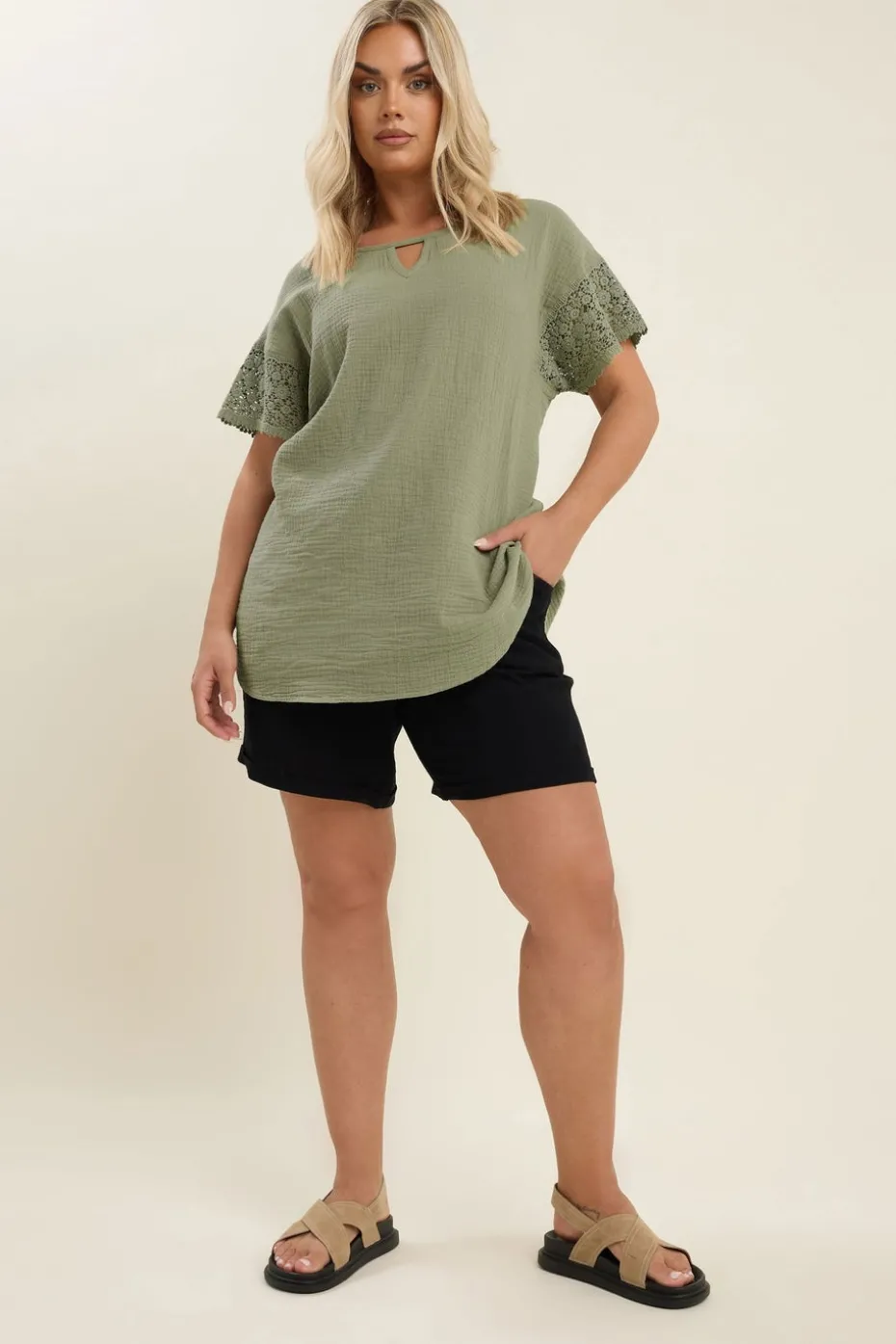 Yours Curve Sage Green Cheesecloth Crochet Top