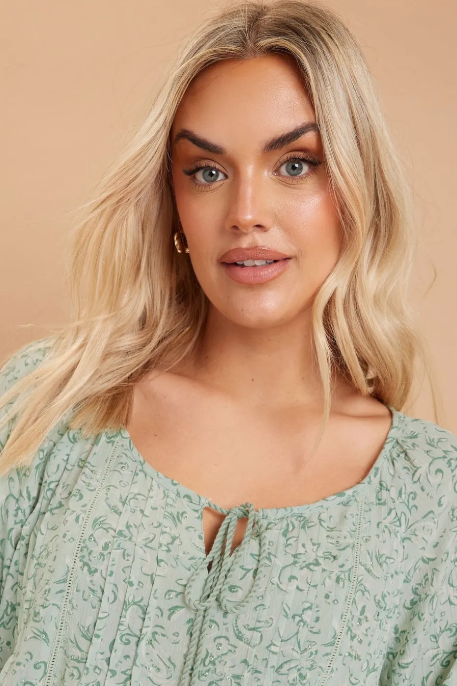 Yours Curve Sage Green Floral Paisley Print Tie Neck Top