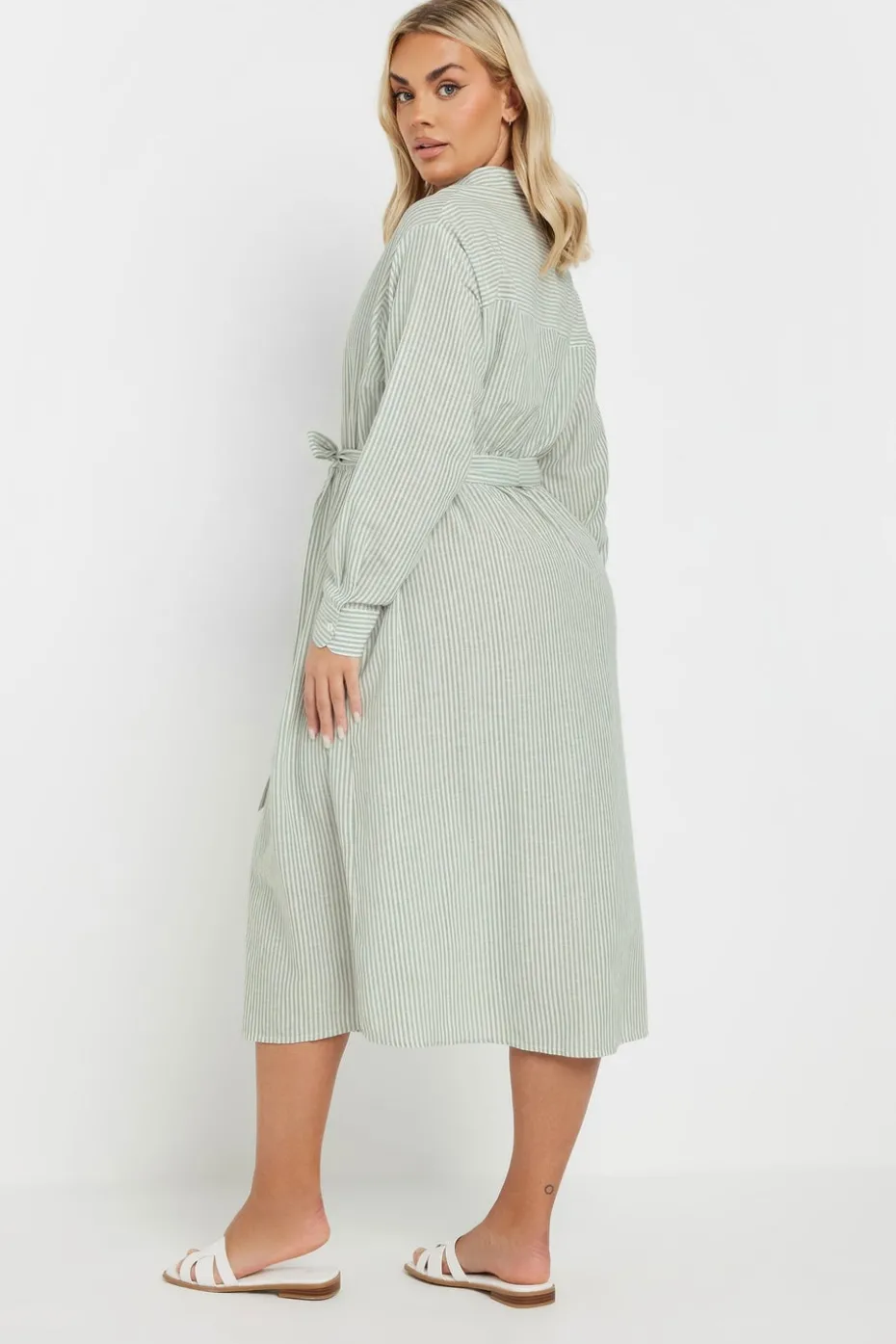 Yours Curve Sage Green Linen Stripe Shirt Dress