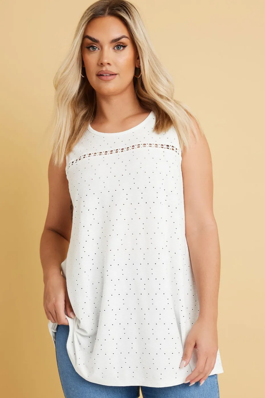Yours Curve White Floral Broderie Anglaise Vest Top