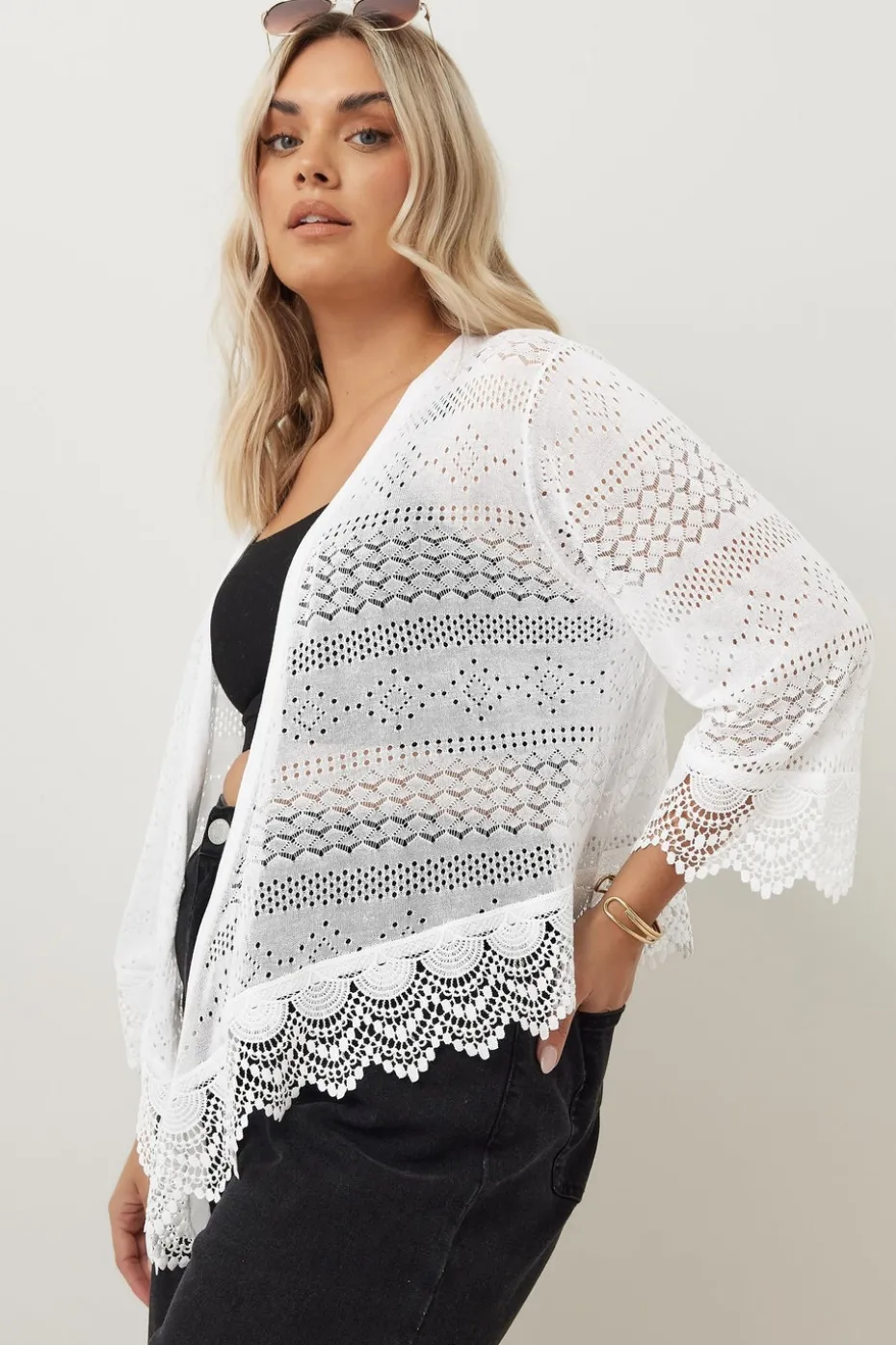 Yours Curve White Lace Trim Waterfall Cardigan