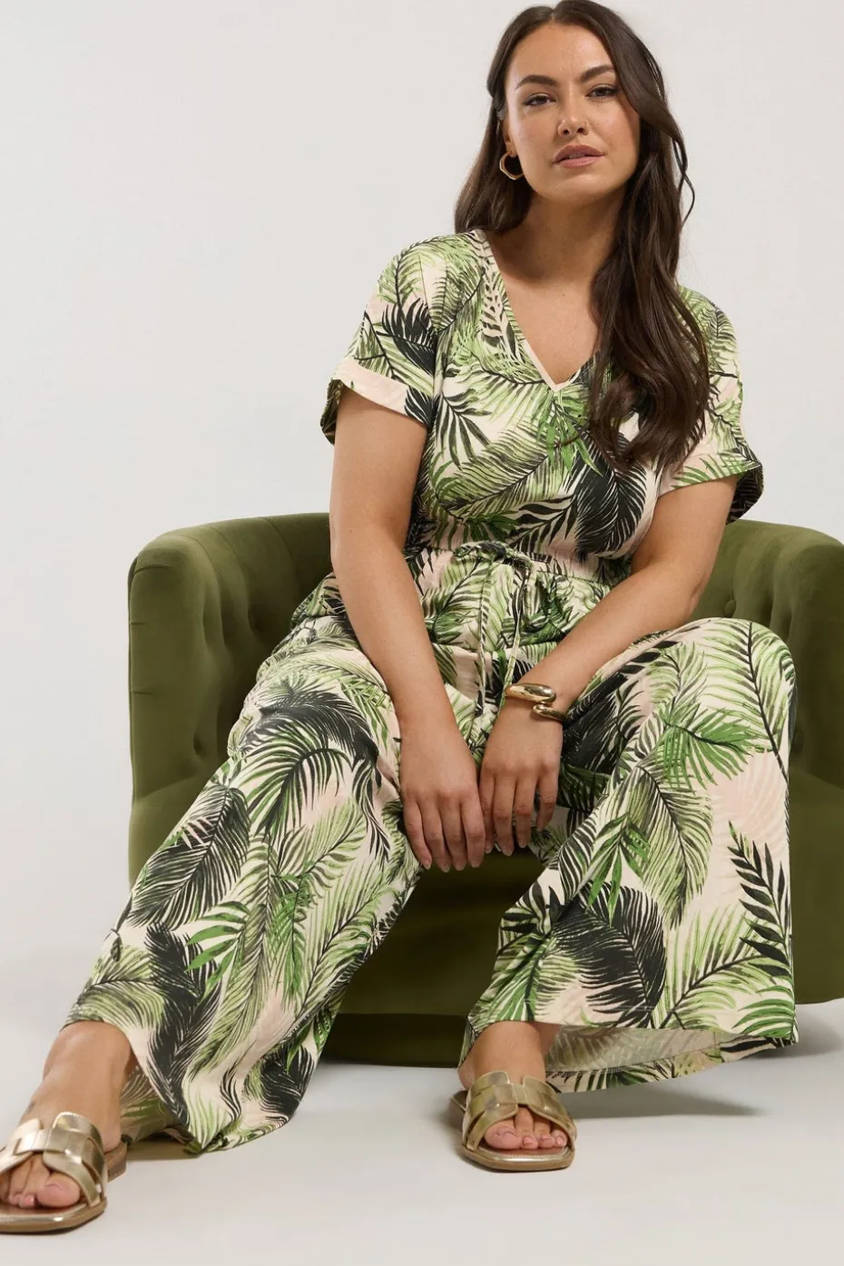 Yours Curve White Palm Print Tie Front Jumpsuit