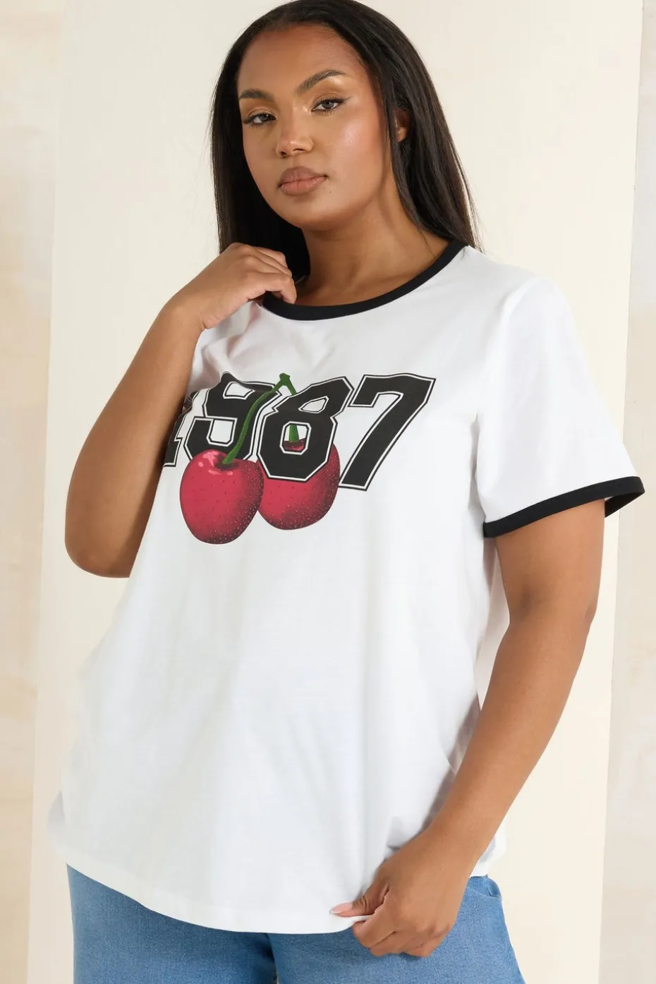 Yours Curve White '1987' Cherry Print T-Shirt
