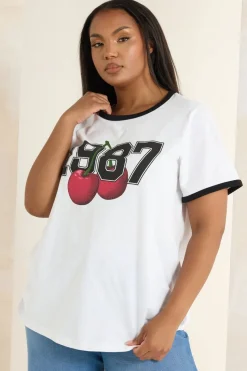 Yours Curve White '1987' Cherry Print T-Shirt