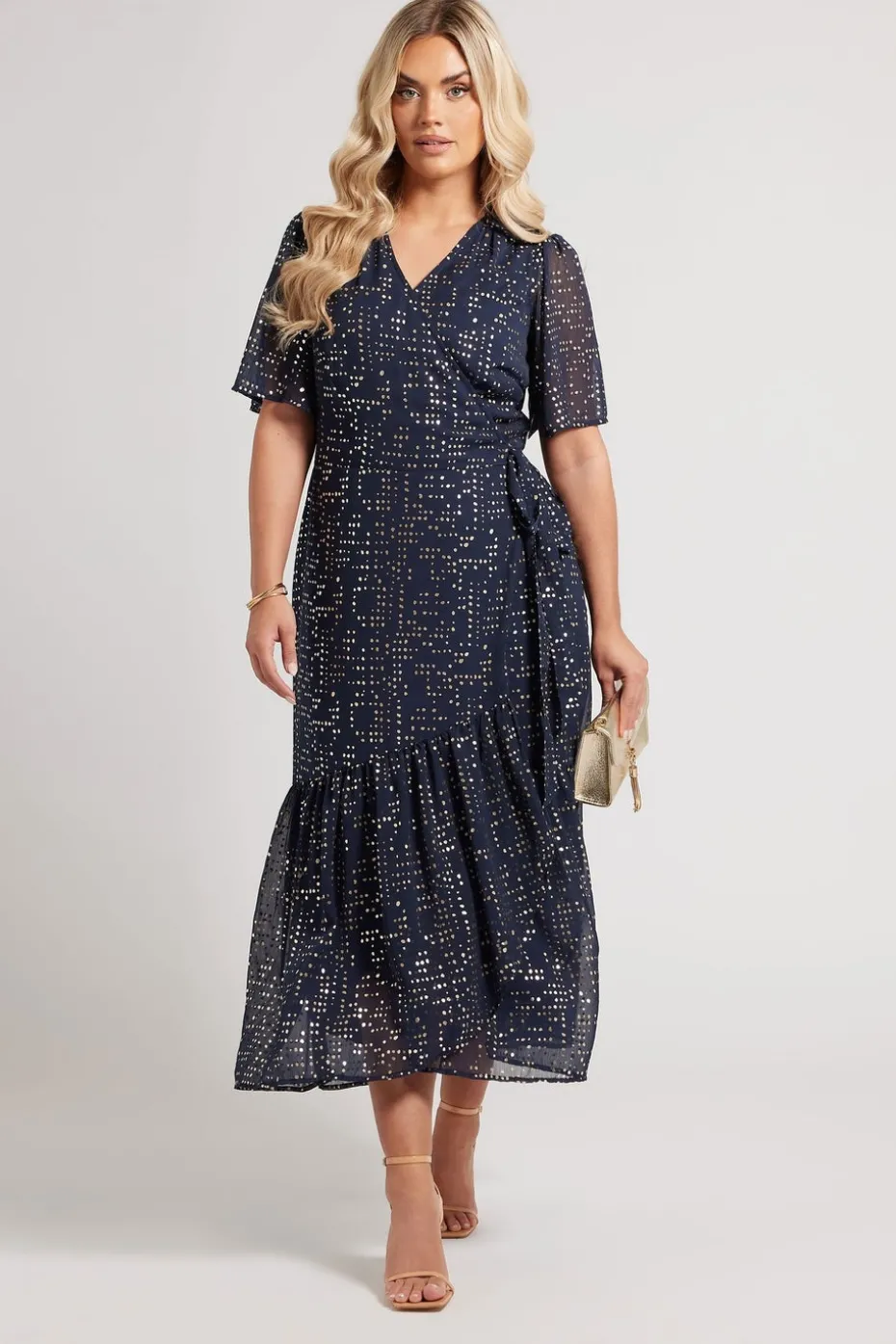 Yours London Curve Navy Blue Metallic Dot Wrap Dress