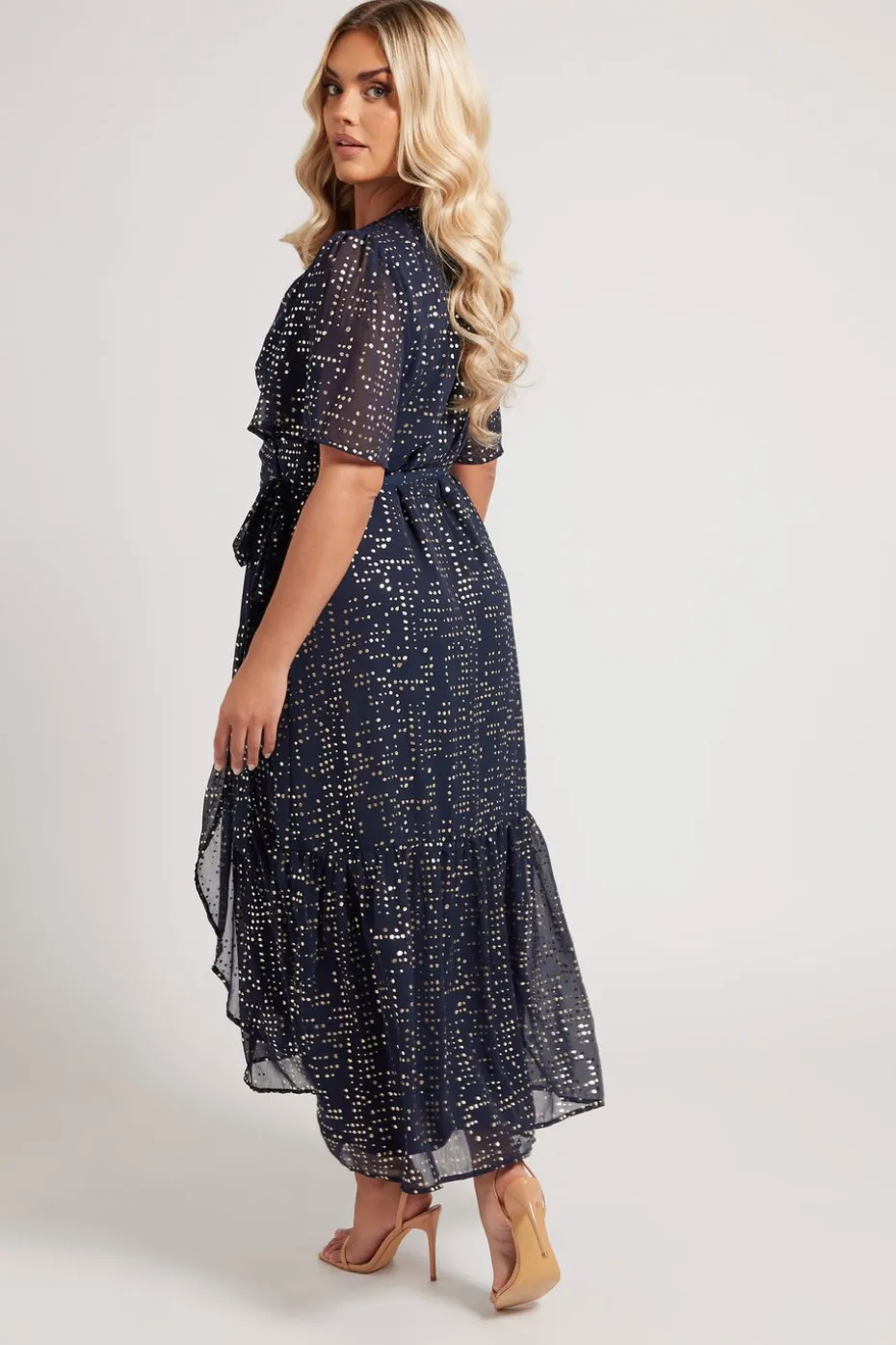 Yours London Curve Navy Blue Metallic Dot Wrap Dress