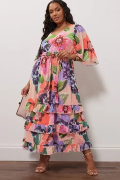 Yours London Curve Pink Floral Print Tiered Maxi Dress