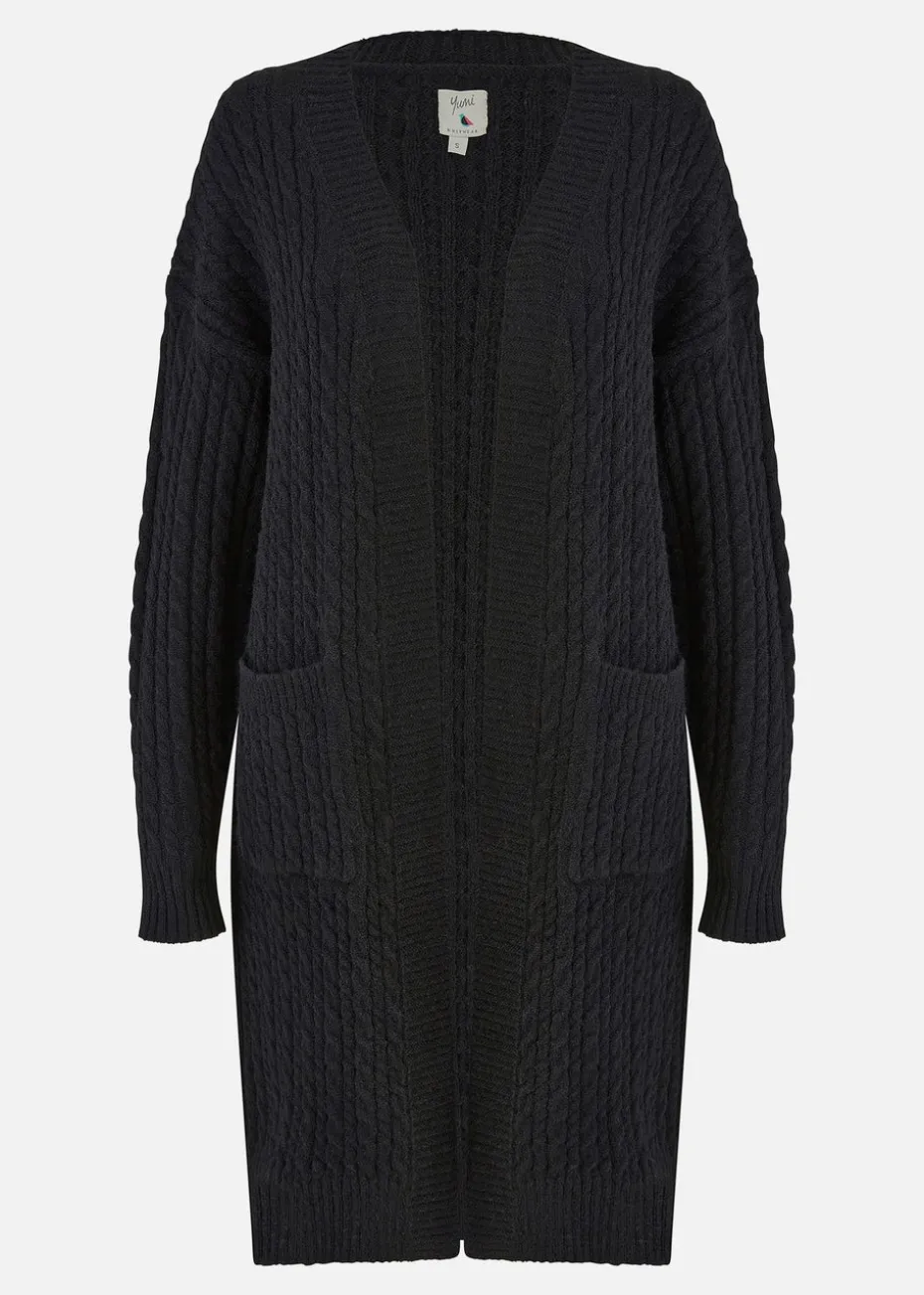 Yumi Black Cable Knit Edge to Edge Long Cardigan With Pockets