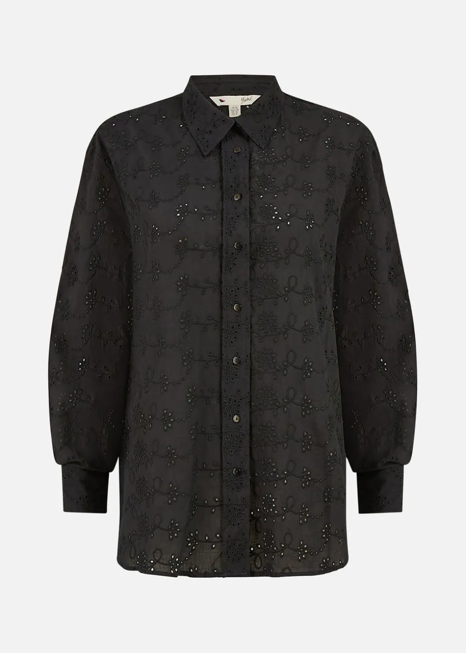 Yumi Black Cotton Broderie Anglaise Relaxed Shirt