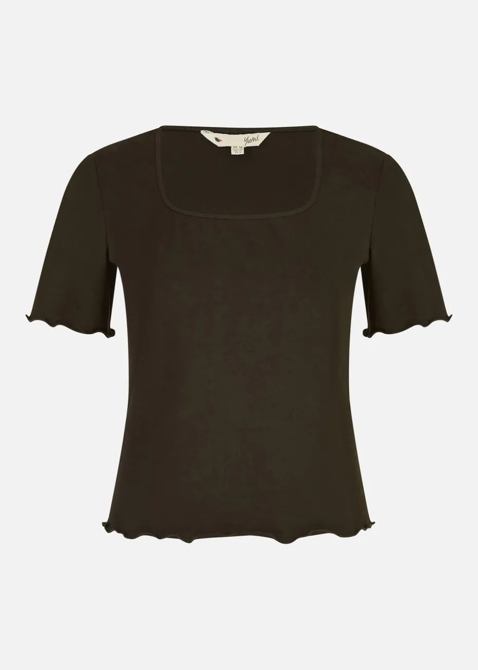 Yumi Black Cotton Jersey Lettuce Trim T-Shirt