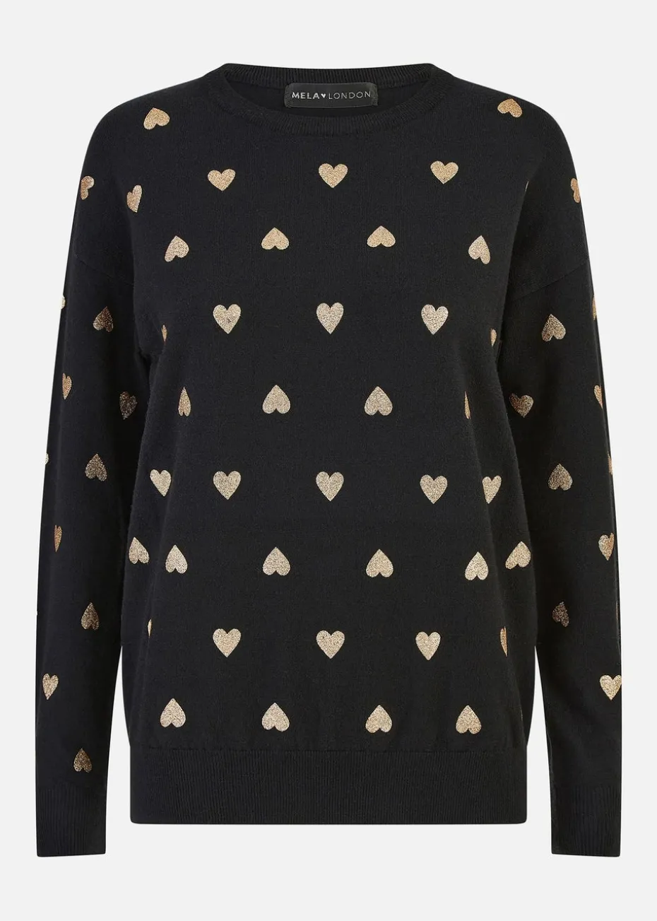 Yumi Black Gold Foil Heart Print Relaxed Fit Jumper