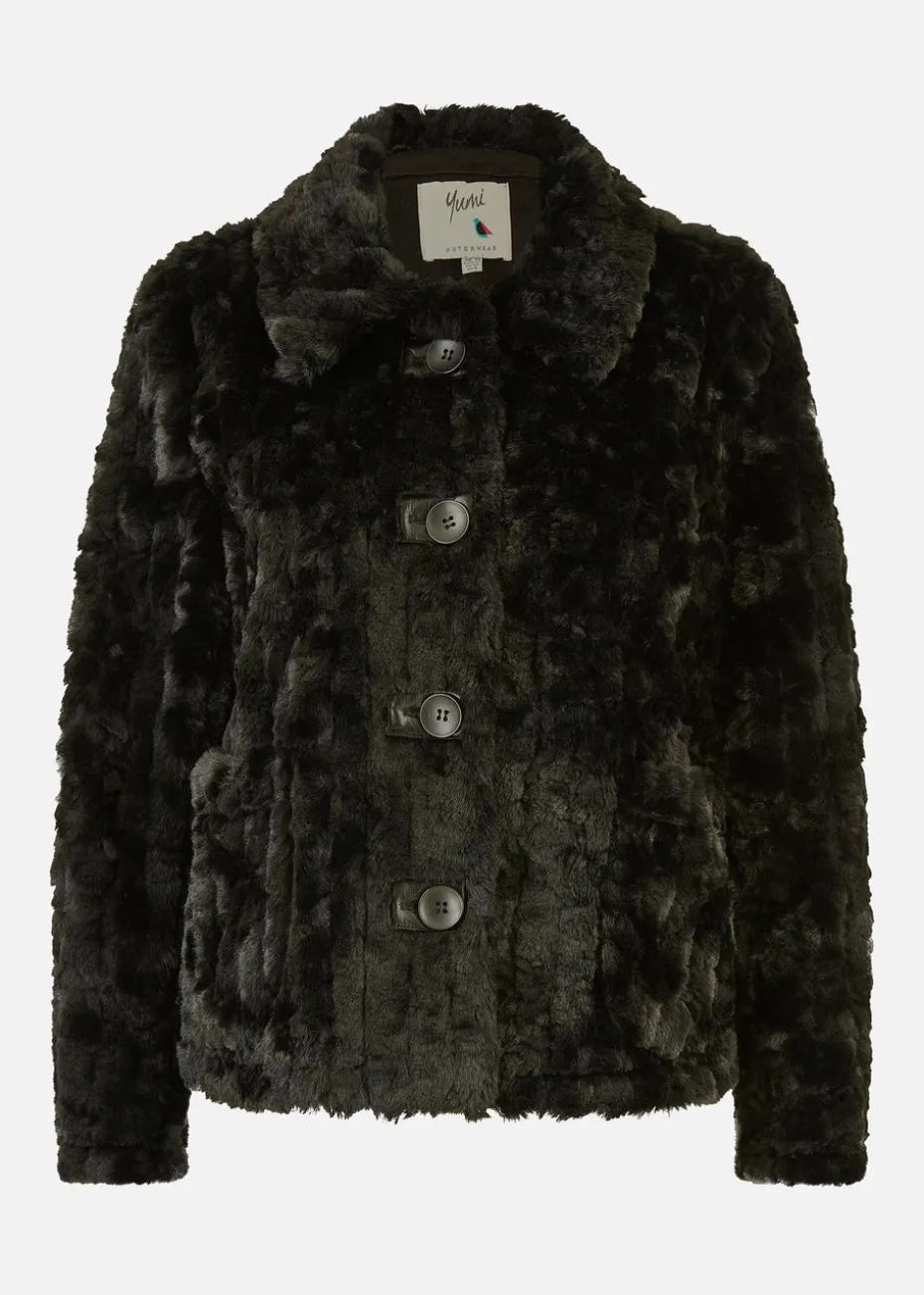 Yumi Black Luxe Textured Faux Fur Jacket With Pockets