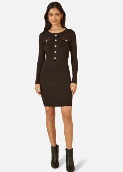 Yumi Black Metallic Military Fitted Knitted Dress
