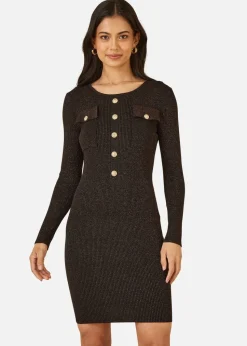 Yumi Black Metallic Military Fitted Knitted Dress